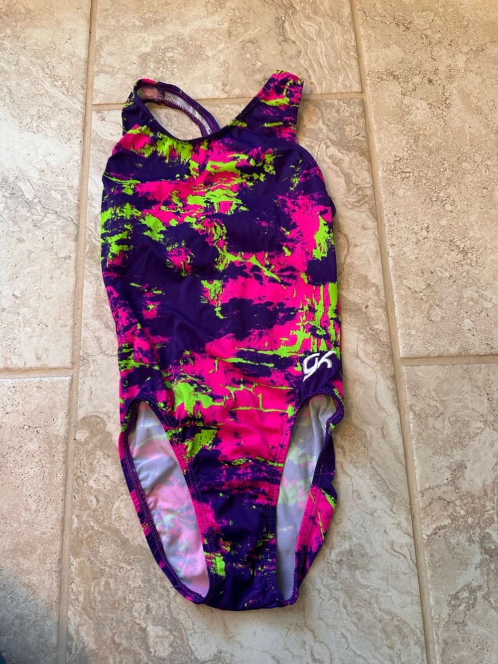 GK Elite Purple Pink Lime Racerback practice leotard, child large